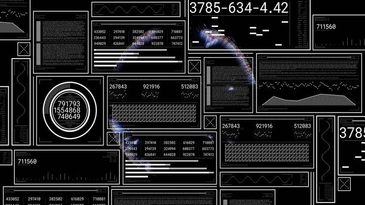 Digital data processing animation over various numerical and graphical interfaces