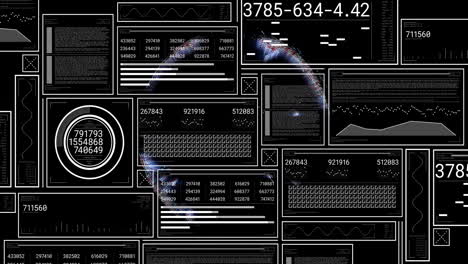 digital data processing animation over various numerical and graphical interfaces