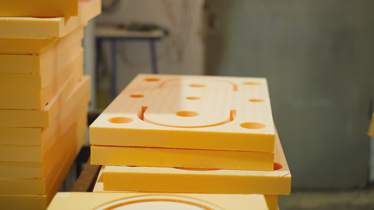 trabajador que maneja piezas de espuma mecanizadas con cnc de color naranja brillante con recortes complejos