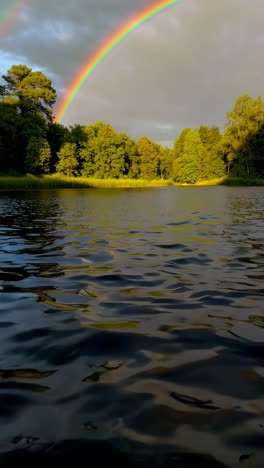 double rainbow over a calm lake and forest