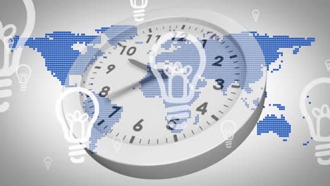 Animation-of-light-bulb-icons-over-clock-against-map-on-abstract-background