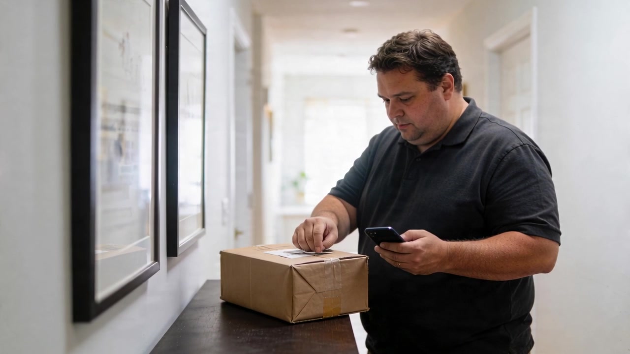 Reading sheet, man in polo placing label on package at entry table, checking delivery with phone