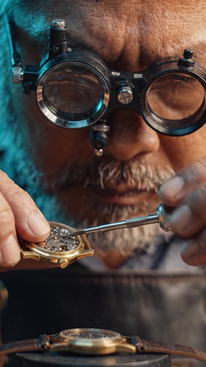 A skilled watchmaker meticulously repairs a timeless watch, showcasing craftsmanship while using precision tools and unique glasses for intricate detailing.