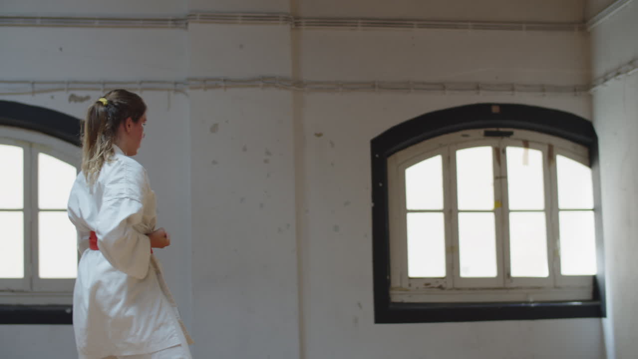 체육관에서 뒤틀린 채 발로 차는 집중 가라테카의 측면