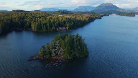 drone shot of tofino on vancouver island displaying autumn colors, rugged coastline, and ocean waves in a scenic aerial view.