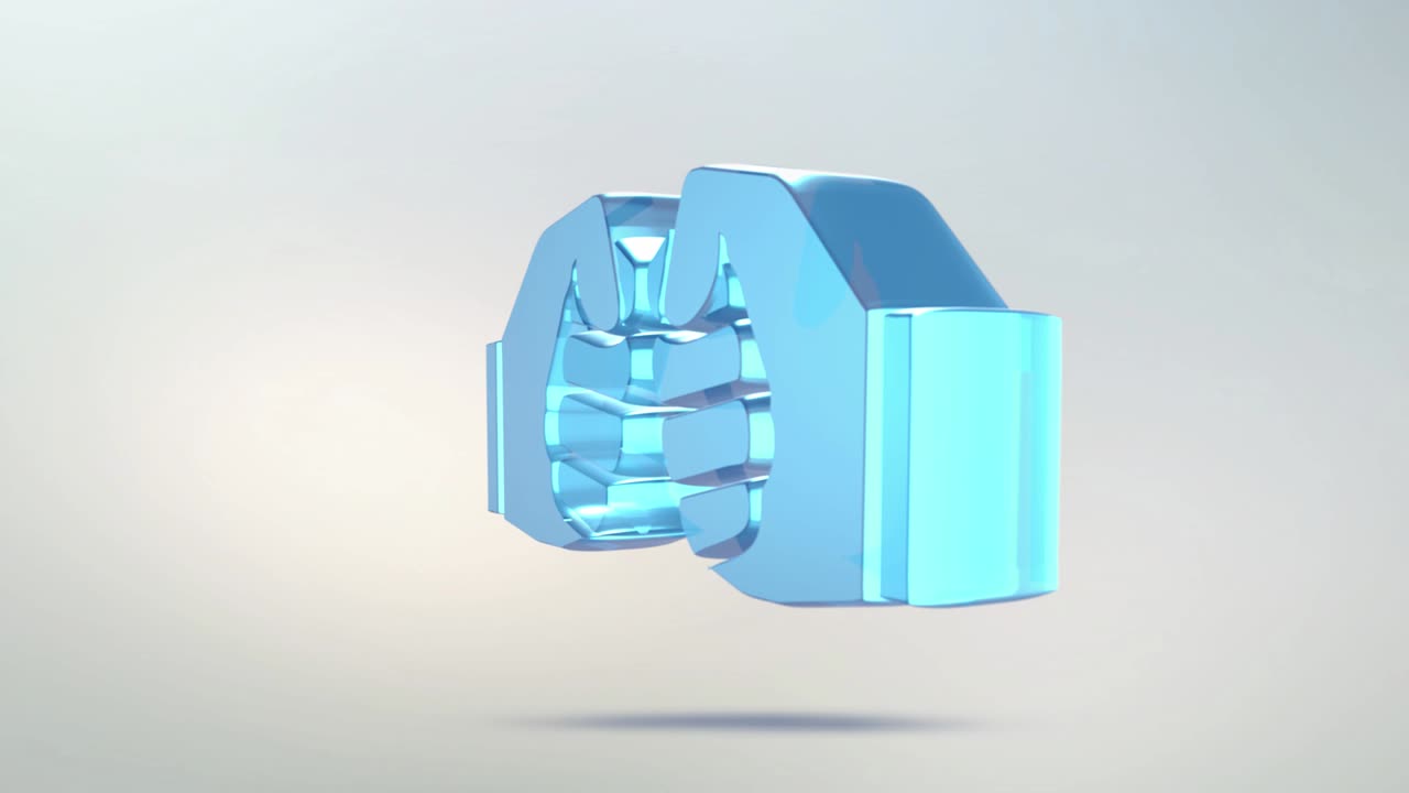 알파 채널을 가진 투명한 회전하는 주먹 아이콘, 파란색-녹색, 원활한 루핑 기호, 3d 그림