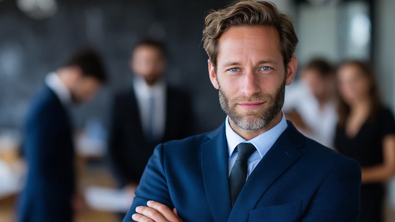 Confident Businessman in Modern Office Setting, Showcasing Leadership with Colleagues in Background Engaged in Productive Discussion
