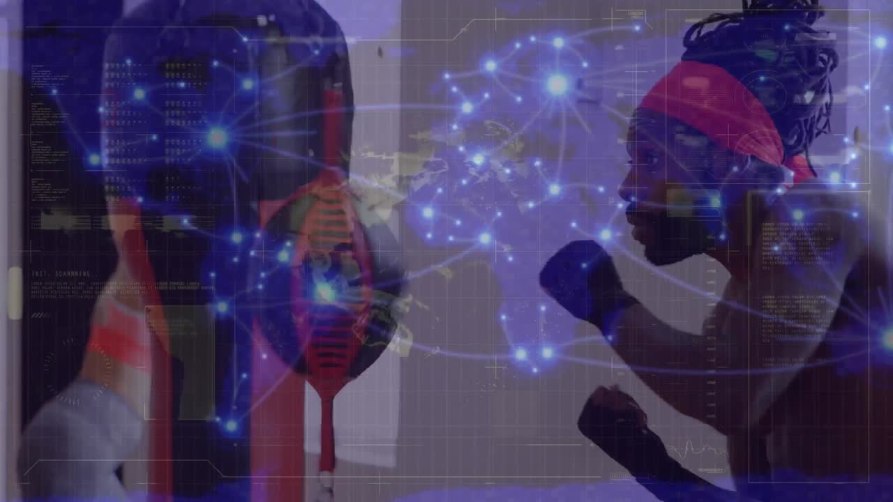 animación del globo, puntos conectados, barras de carga, boxeador afroamericano practicando en la bolsa de boxeo.