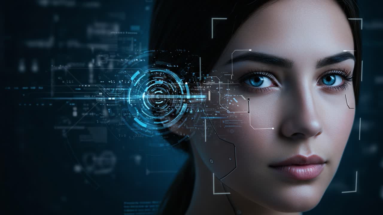 A Futuristic Glimpse: A High-Tech Portrait Showing a Young Woman with Striking Blue Eyes Engaged in Advanced Digital Interaction in a Modern, Sophisticated Environment