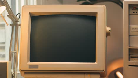 retro pc computer gaming, desktop vintage with loading code console, programmer making scripts, green basic screen, old computer studio close-up, retro wave display, late 90s pc.