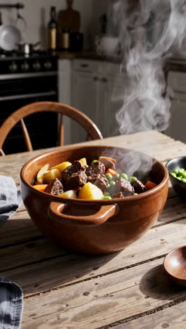 steaming beef and vegetable stew in a rustic bowl on a wooden table