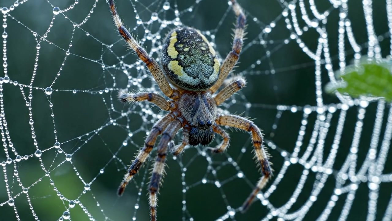 Et nærbilde av en fargerik edderkopp som hviler i sitt duggvåte nett, som fanger naturens intrikate kunst og skjønnheten i morgenduggen