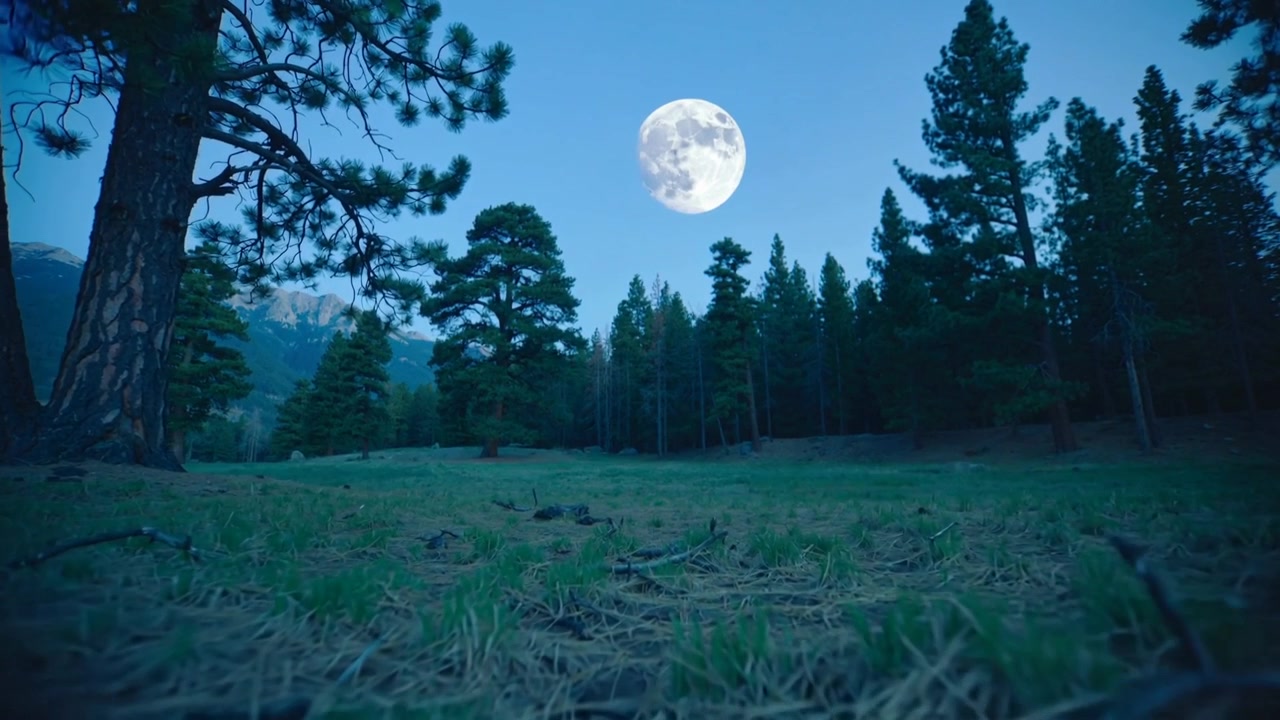 La telecamera inizia con un'inquadratura bassa su un prato di montagna, catturando la luna piena sopra la linea degli alberi di pino.
