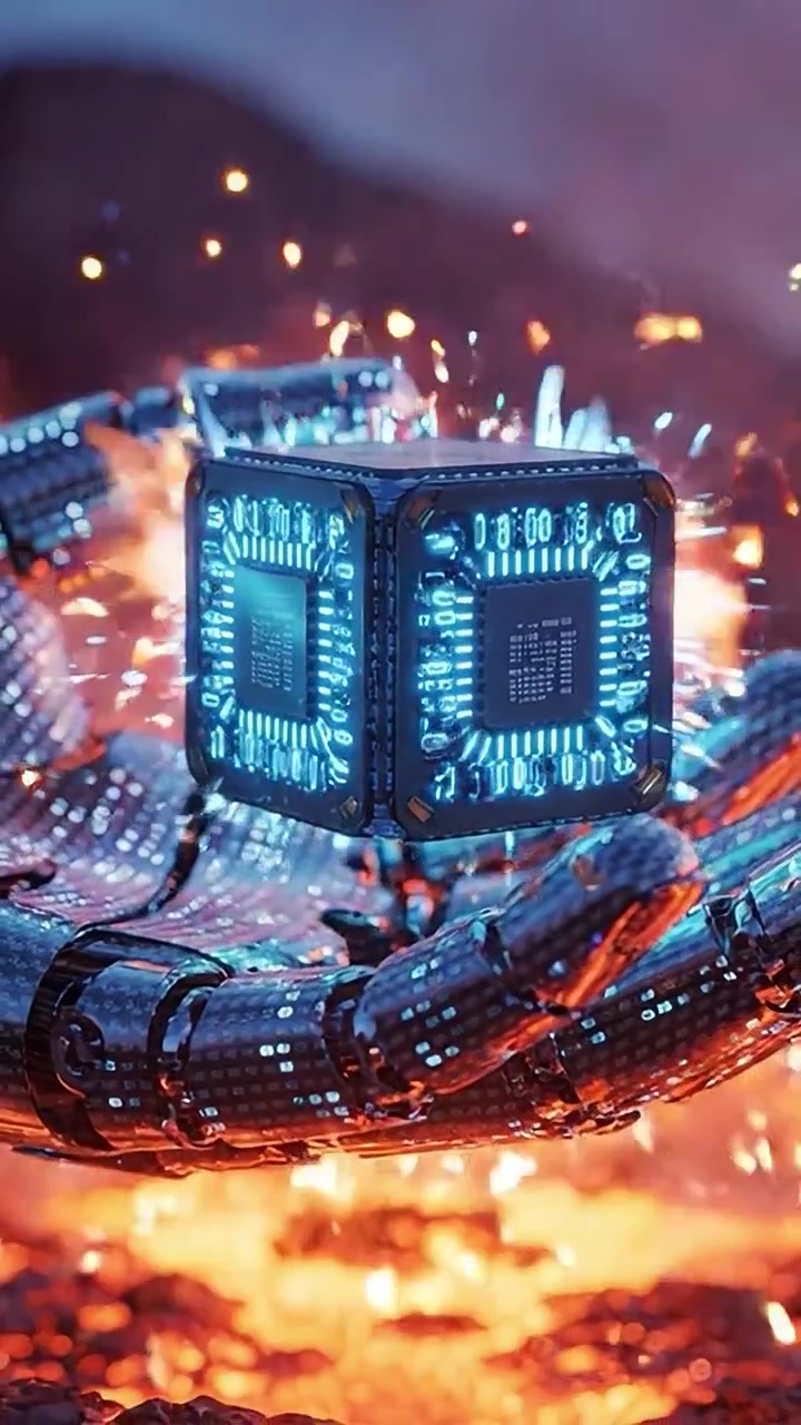 Een krachtige robothand die een gloeiende kubus vasthoudt te midden van vurige lava, wat geavanceerde technologie en de fusie van robotica met energiebronnen vertegenwoordigt.