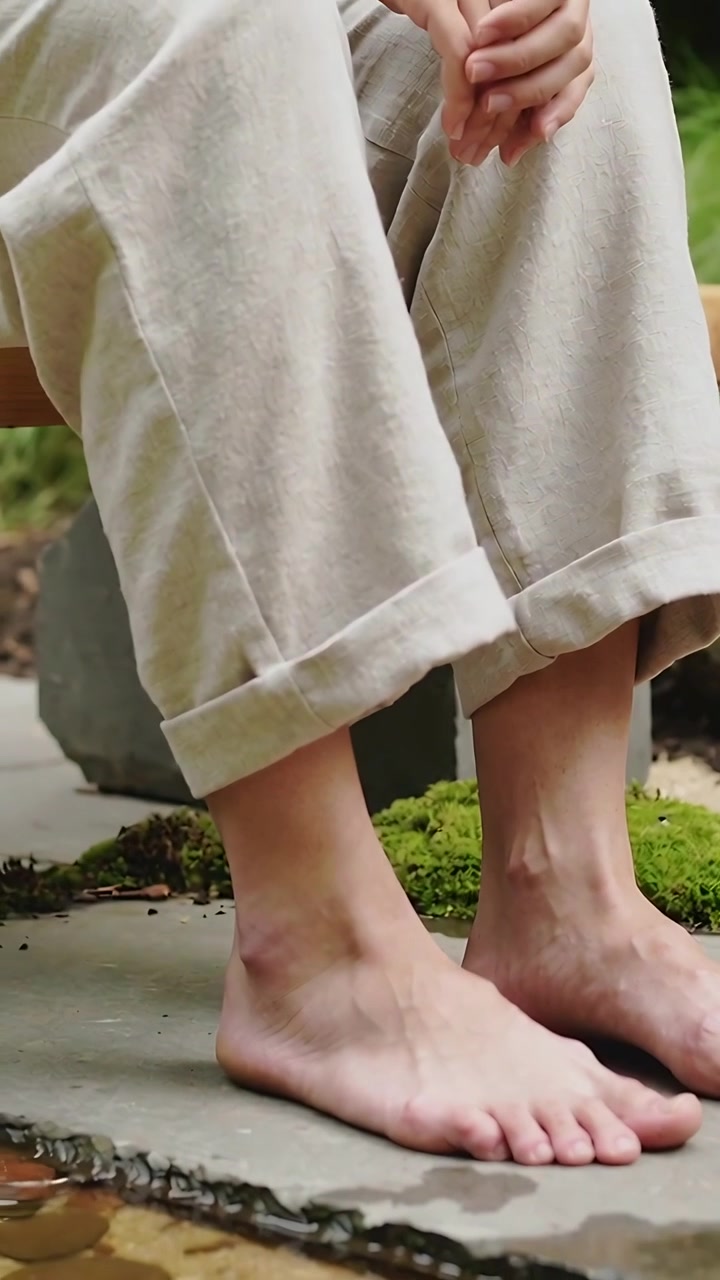 Vertical video: Feeling wet edge adult in linen moving bare toes at mossy pond hands resting knees