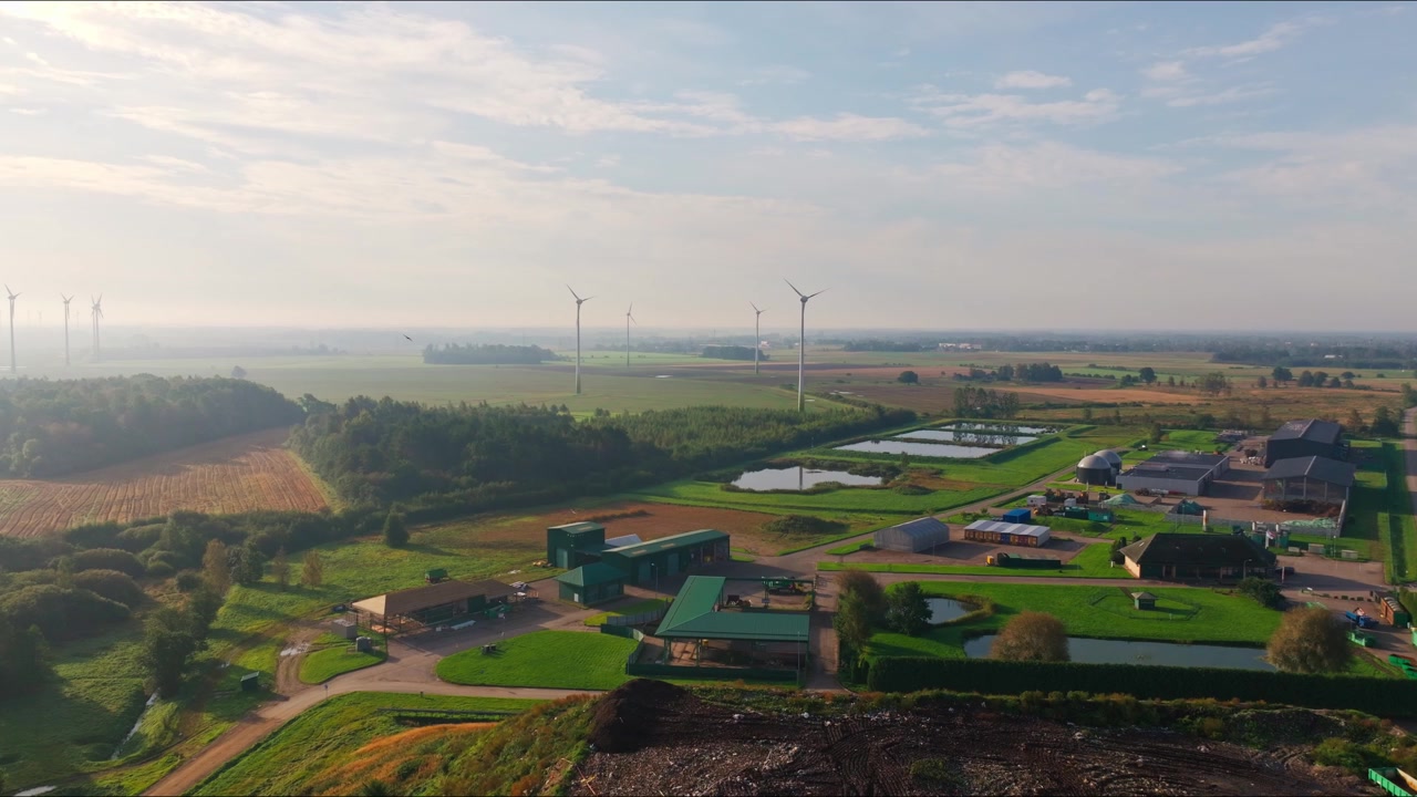 Drone pullback reveals Liepajas RAS waste management site near Grobina.