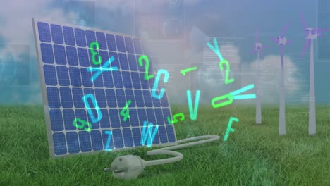 animación del procesamiento de datos y cartas sobre turbinas eólicas y paneles solares