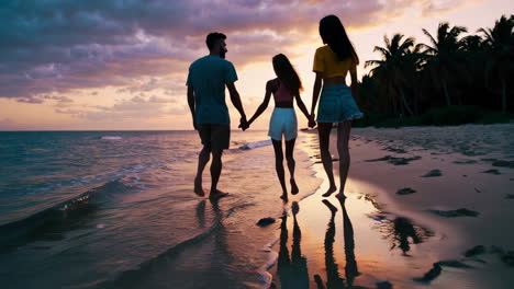 familia caminando por la playa al atardecer