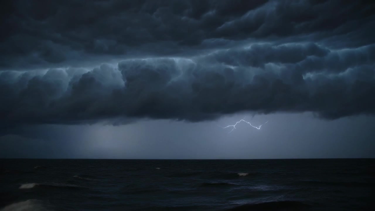 Flashing lightning illuminating low shelf cloud over open ocean, revealing textured underside