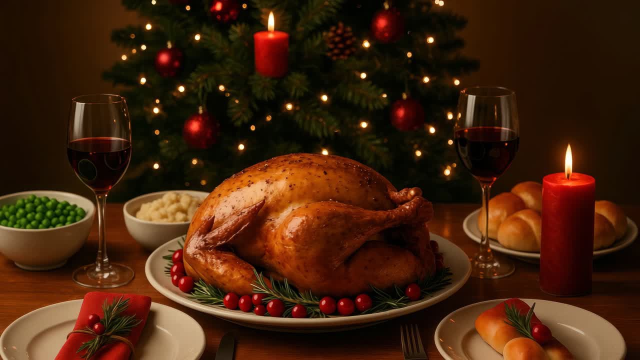 Festive dinner table with roasted turkey, candles, and wine, shot from a front angle