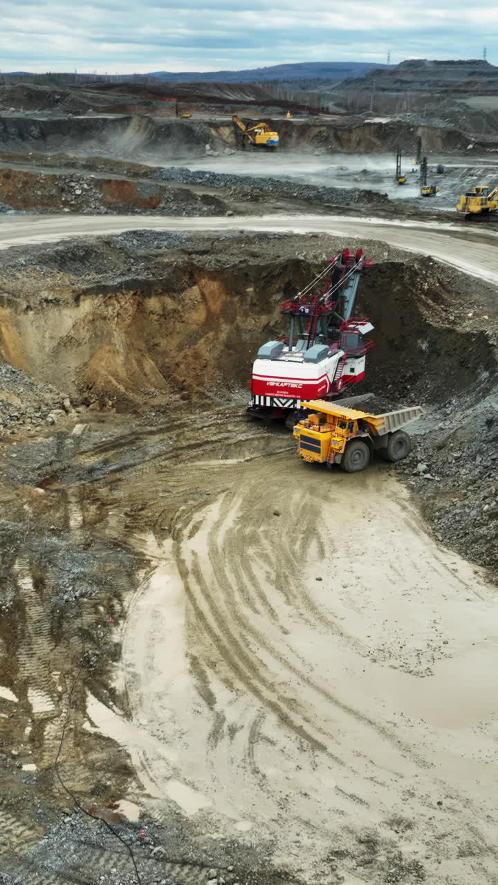 Large Mining Excavator and Dump Truck in an Open Pit Mine