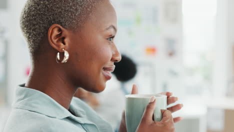 Black-woman-drink-coffee,-thinking