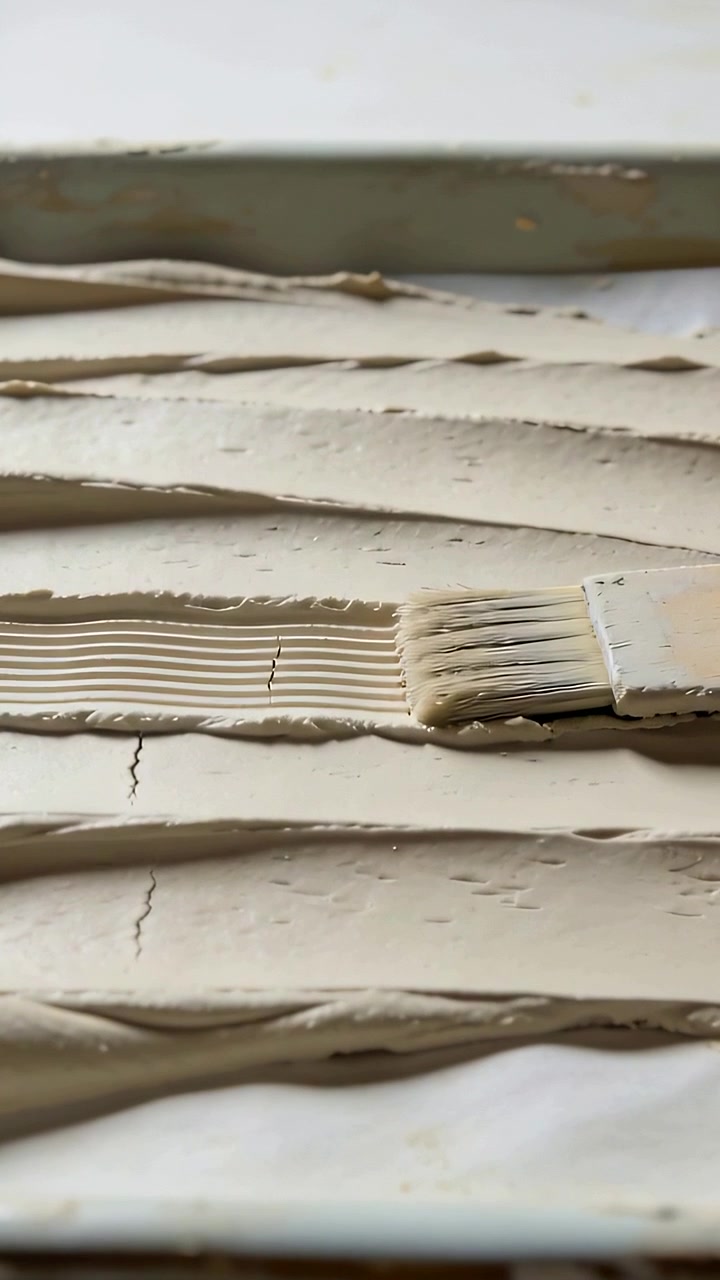 Vertical video: Entering right flat brush dragging across paste strips at studio, forming ribs