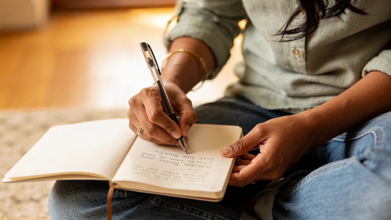 Placing notebook, adult female writing journal entries on hardwood floor at home with pen