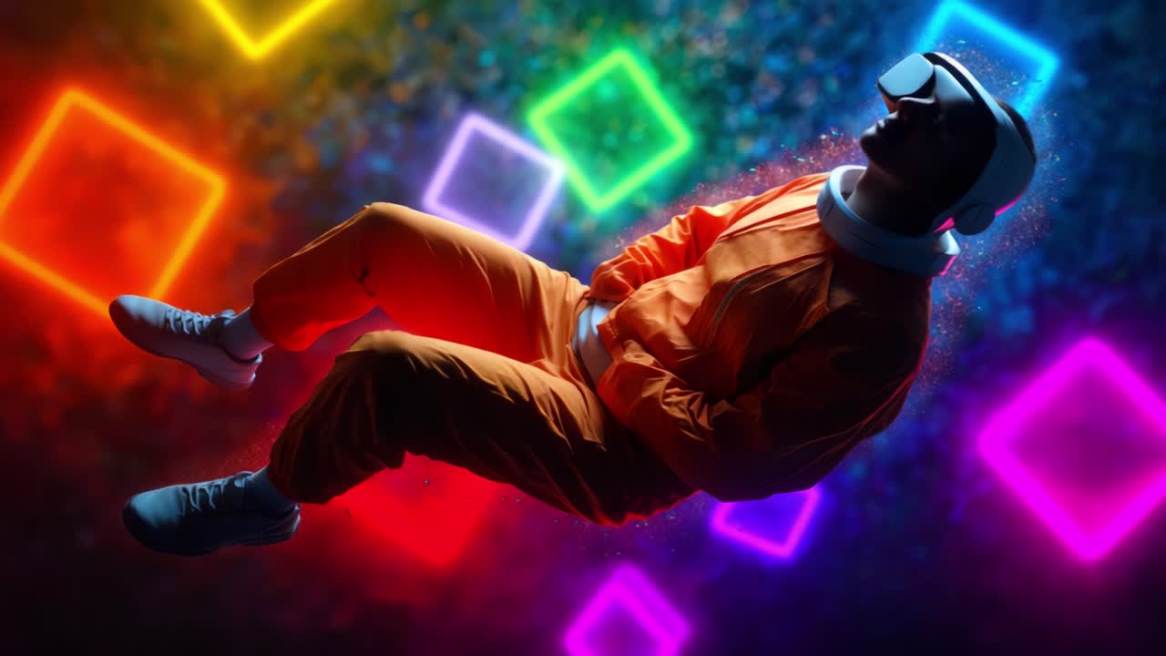 A vibrant exploration of digital reality, featuring a figure immersed in a colorful explosion of shapes and lights, showcasing the captivating fusion of technology and human experience in a surreal environment