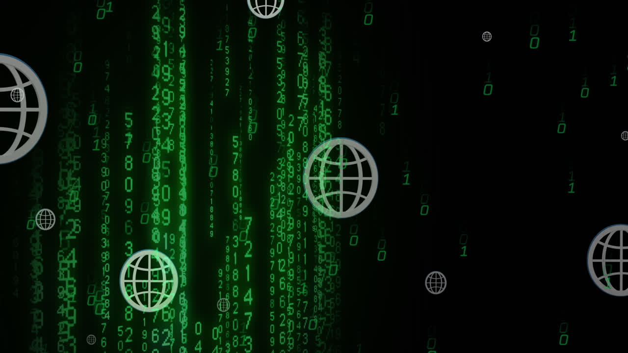 Animation of globe icons over falling changing numbers and binary codes over black background