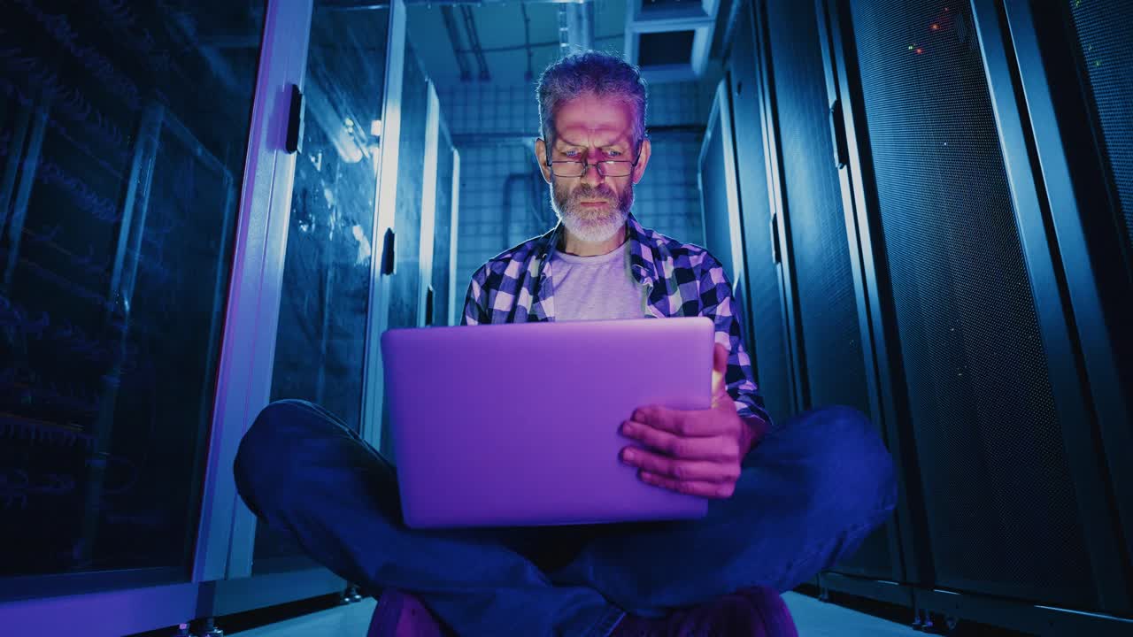 Technician Working in a Data Center at Night