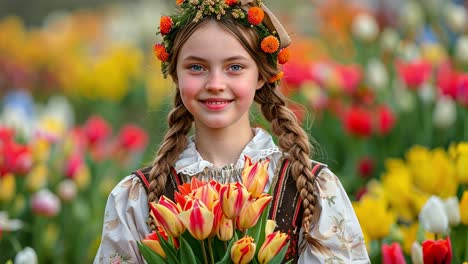 smiling girl holding tulips in a flower field