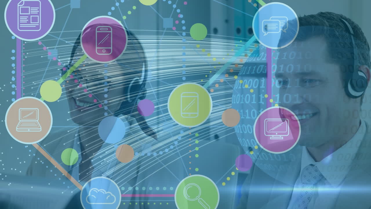 red de iconos digitales contra hombres y mujeres caucásicos ejecutivos de atención al cliente que trabajan en la oficina