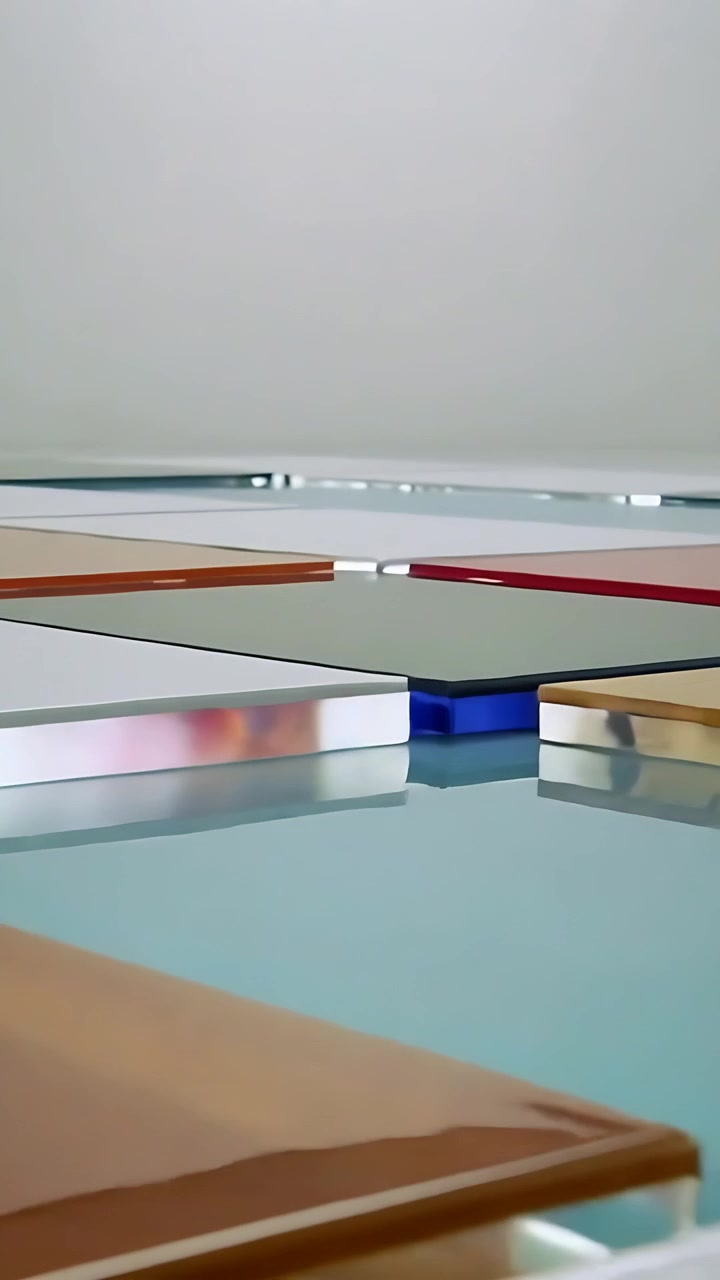 Video verticale: Telecamera scorrevole frontale che rivela i bordi di pannelli colorati in studio, mostrando un segno dorato.