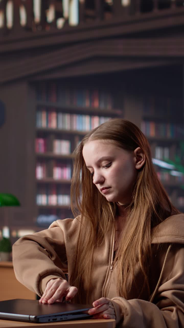 Vertical video student girl reading literature book to collect citations for diploma paper