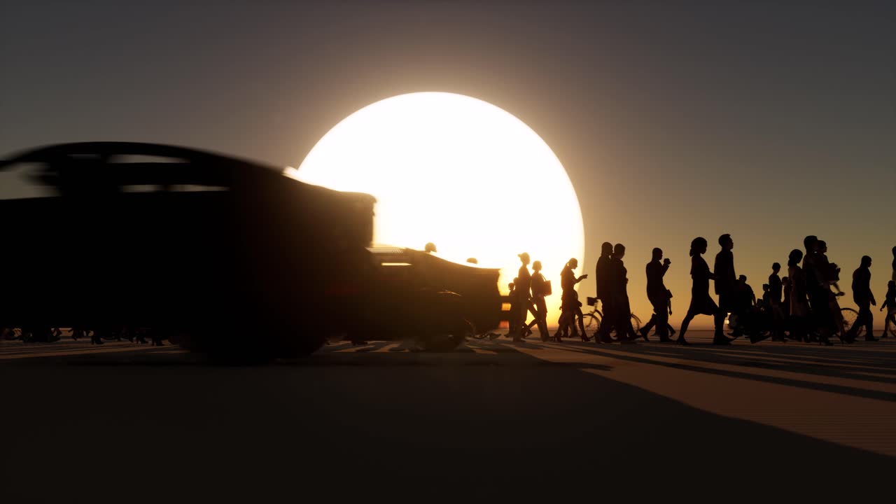 자동차 보행자와 자전거 실루엣이 지나가고 있습니다.