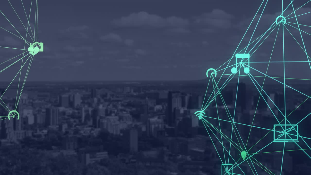 globo de iconos digitales contra el paisaje urbano