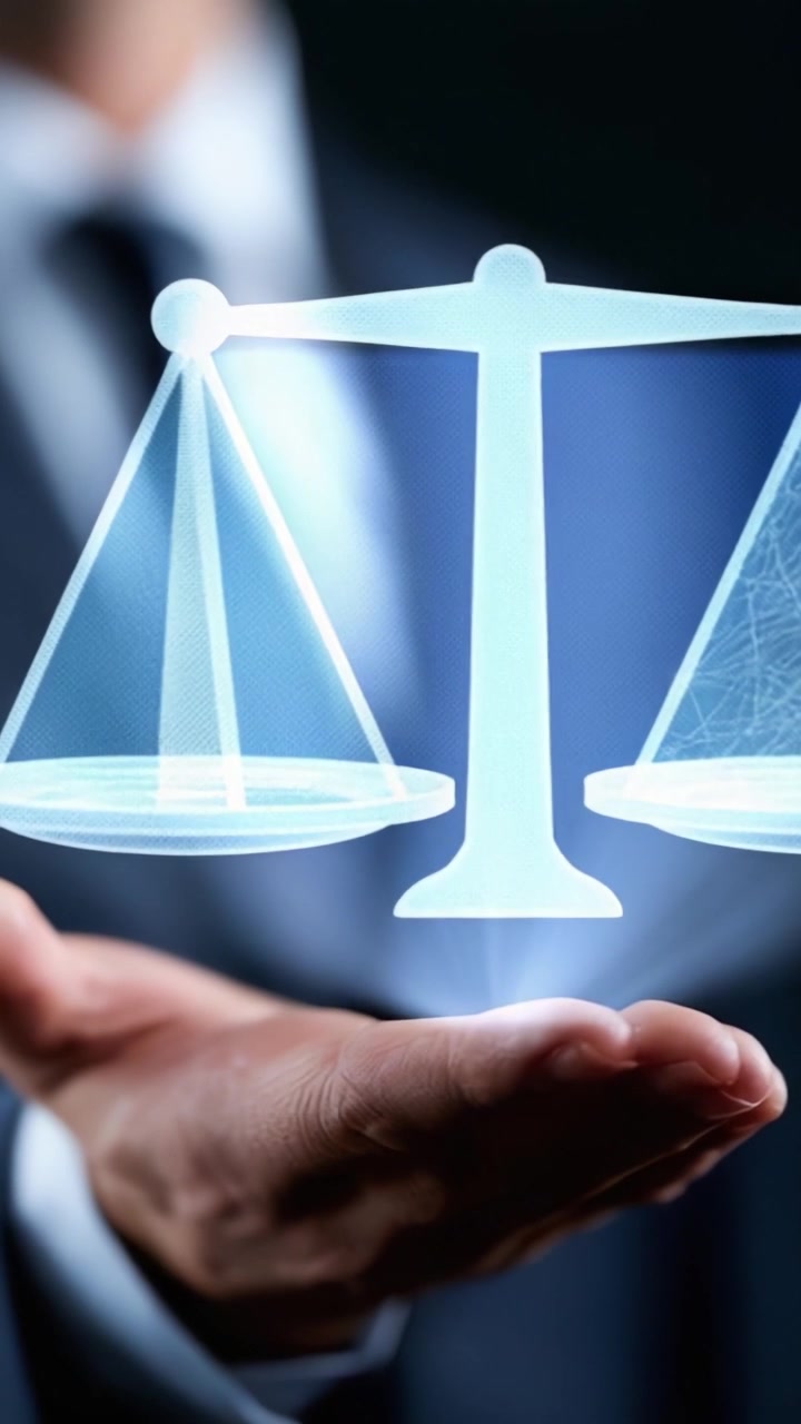 Un professionista in abito che dimostra concetti digitali fluttuanti con elementi olografici che rappresentano equilibrio e giustizia in una presentazione elegante.