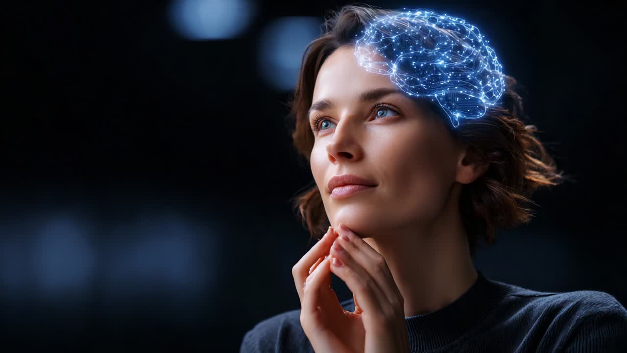 A Thoughtful Woman Contemplates the Future with a Digital Representation of a Brain, Signifying Intelligence, Creativity, and Innovation in a Modern World Filled with Possibilities and Discoveries