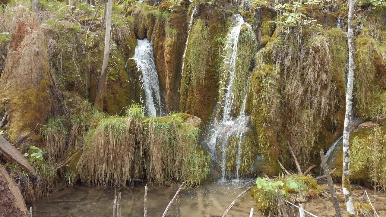 pequeñas cascadas a través de rocas cubiertas de musgo en los lagos del parque nacional de plitvice