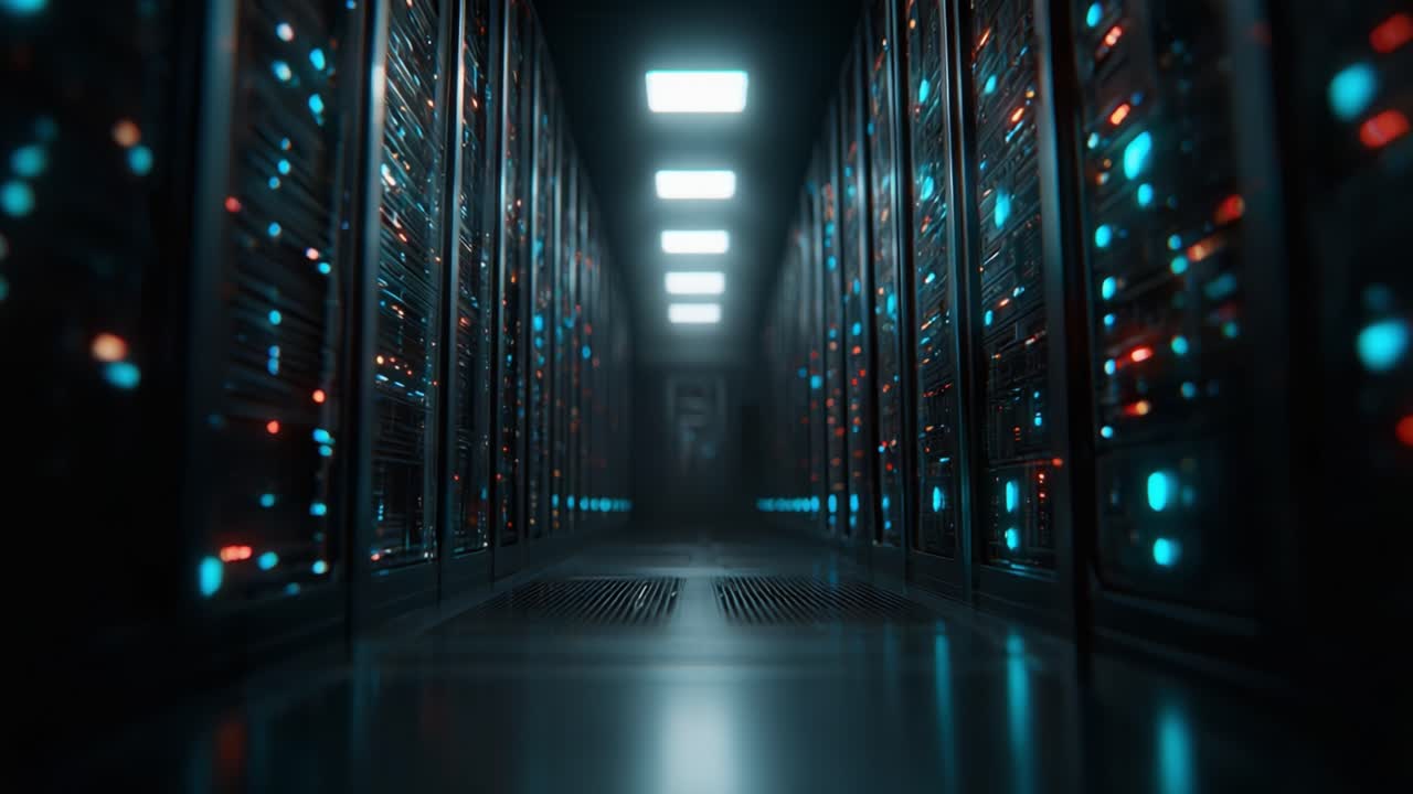 Exploring a High-Tech Data Center: A Journey Through Rows of Servers Illuminated by Blue and Orange Lights, Capturing the Essence of Modern Computing Infrastructure