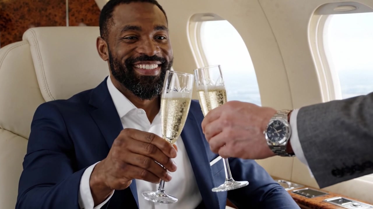 Una celebrazione nel cielo: la gioia di un brindisi con champagne nella cabina di un jet privato, un momento di lusso e connessione tra le nuvole