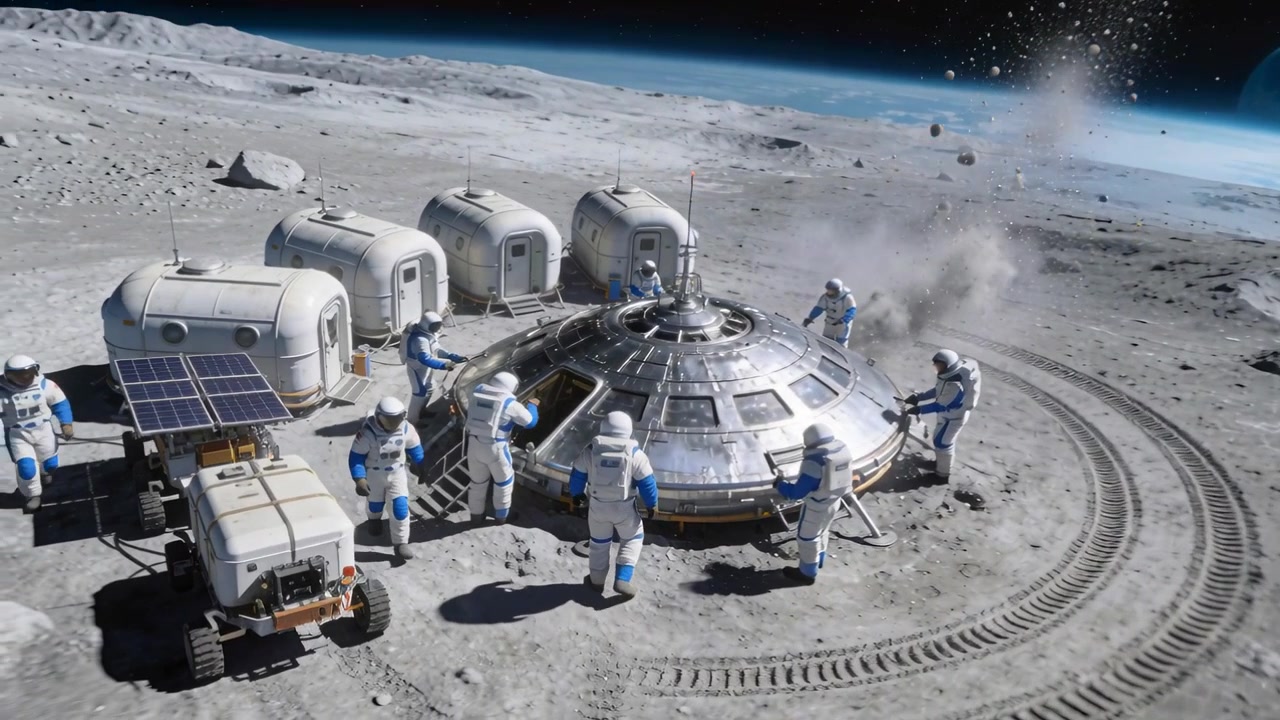 白い宇宙服を着た作業員が、安全のためにハッチが開けられた宇宙船の周りで塵を取り除き、ケーブルを固定している。
