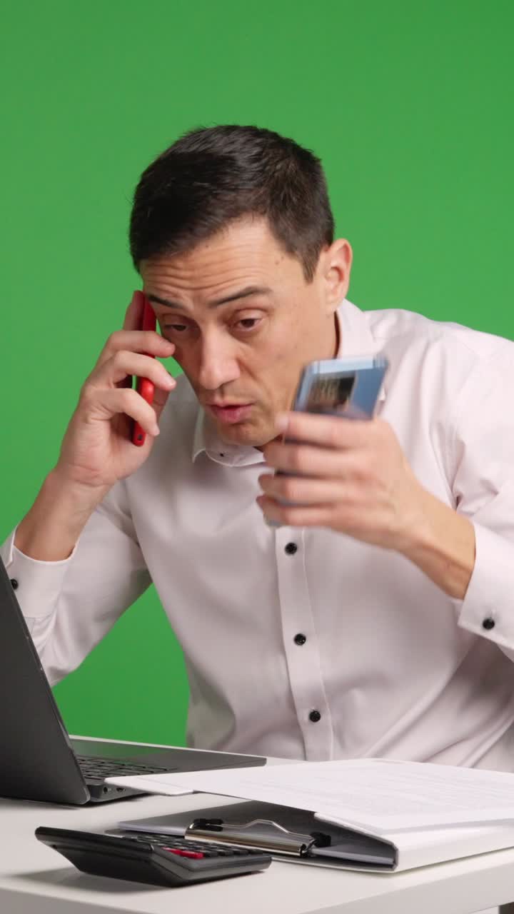 Office worker overwhelmed by workload on green screen