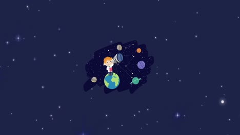 animation of astronomer on planet earth looking through telescope with solar system and stars on sky