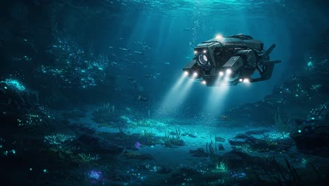 Exploring the Mysteries of the Deep: A Submersible Vehicle Navigates Through Vibrant Underwater Landscapes Illuminated by Resplendent Lights and Marine Life