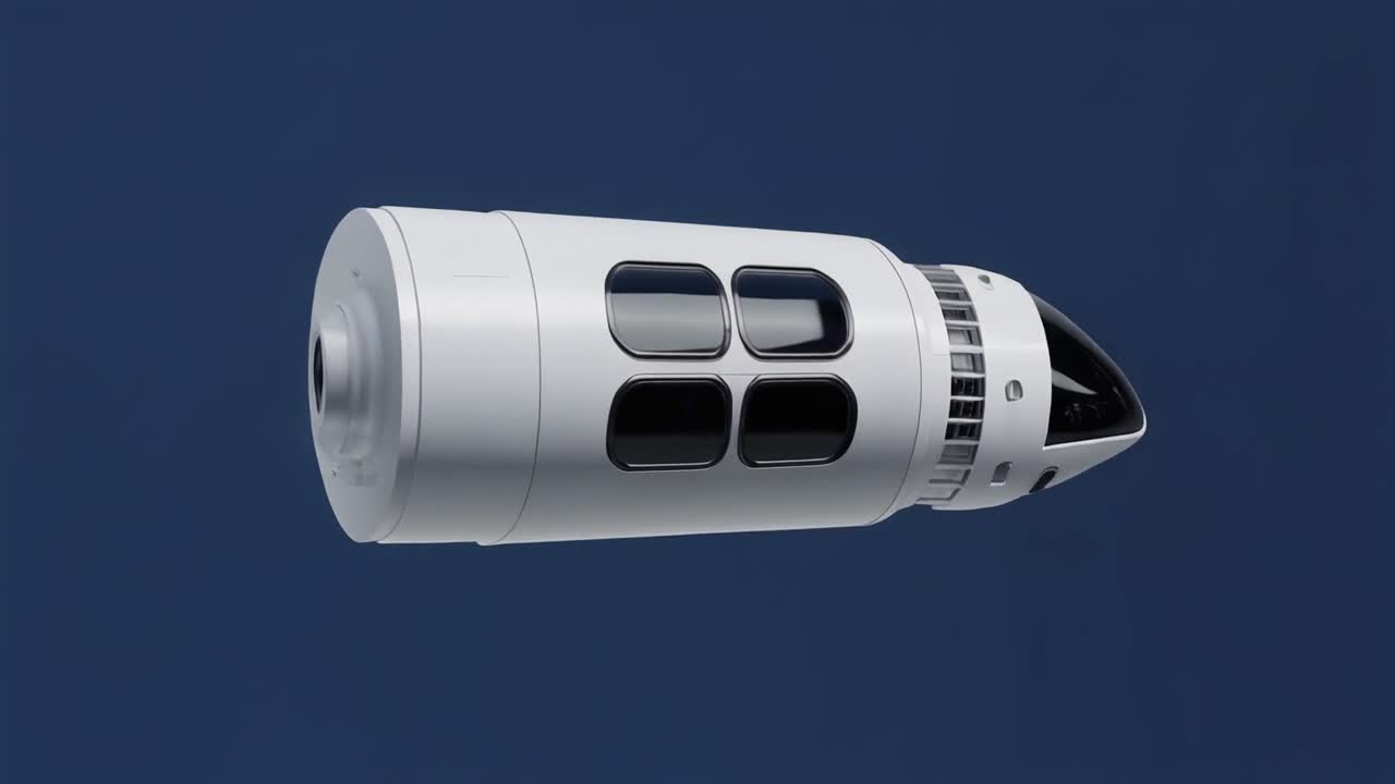 Capsula Spaziale Bianca Futuristica Rotante nello Spazio Blu Scuro