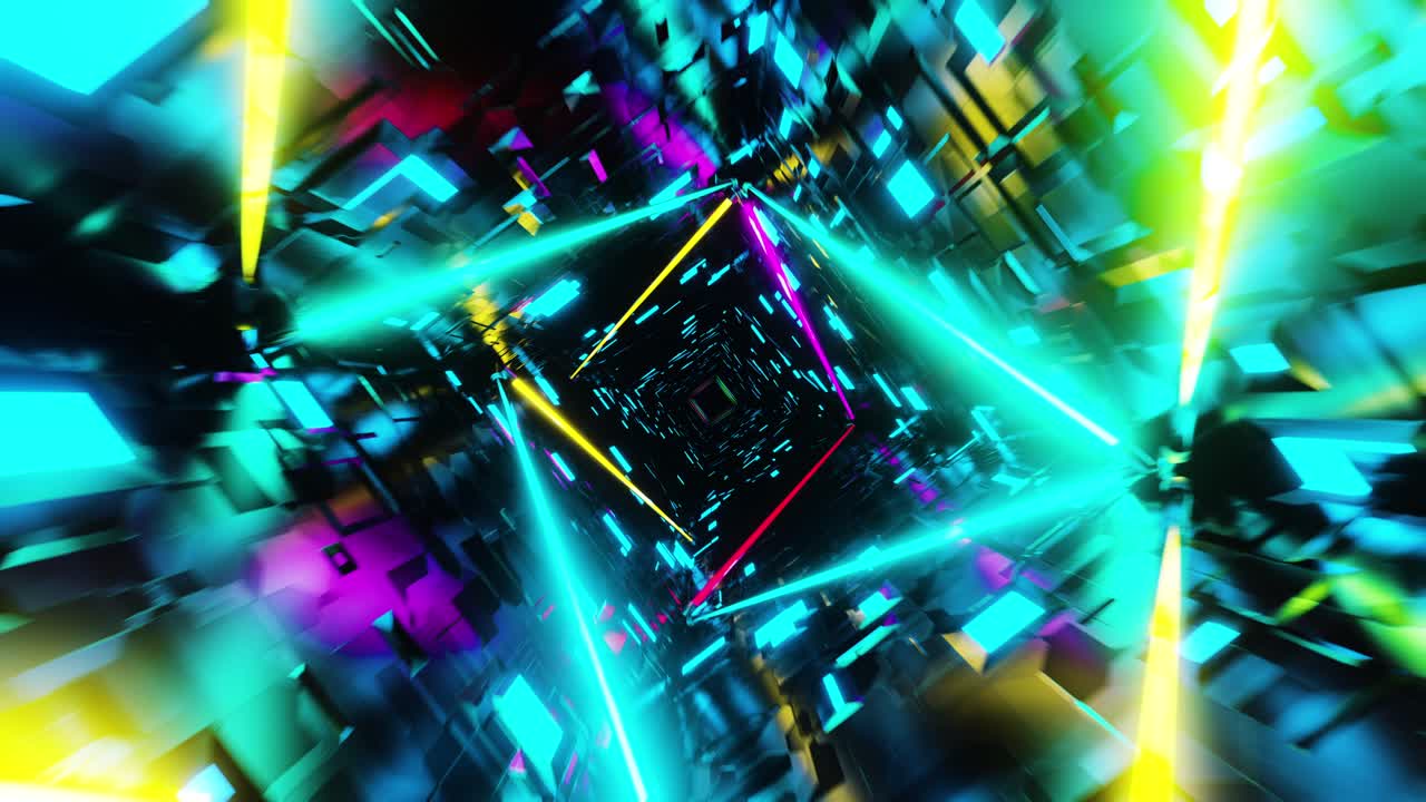 volando en un túnel con luces fluorescentes multicolores intermitentes. animación en bucle infinito.