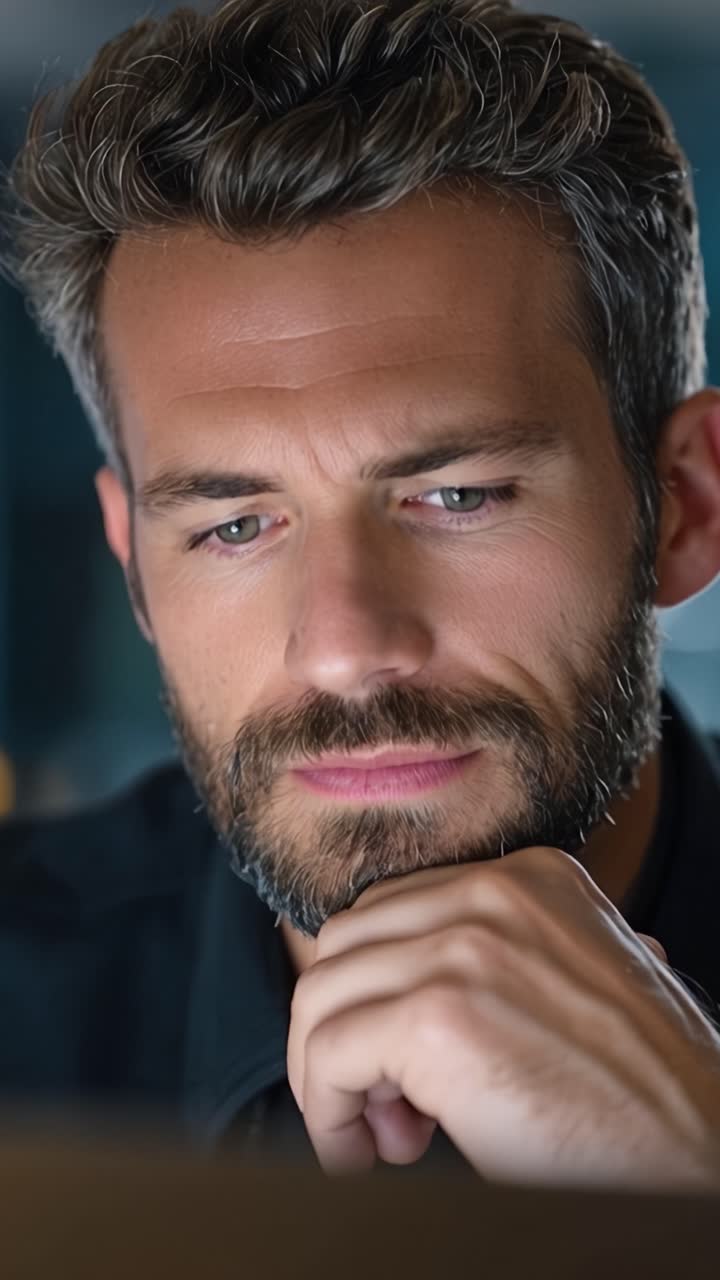 A close-up portrait of a thoughtful man with a well-groomed beard and striking eyes, capturing a moment of reflection and intensity in a softly lit environment