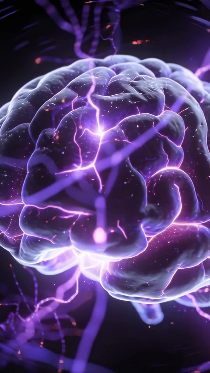 Vertical video: Pulsing stylized brain following initial purple arcs in dark void, showing currents